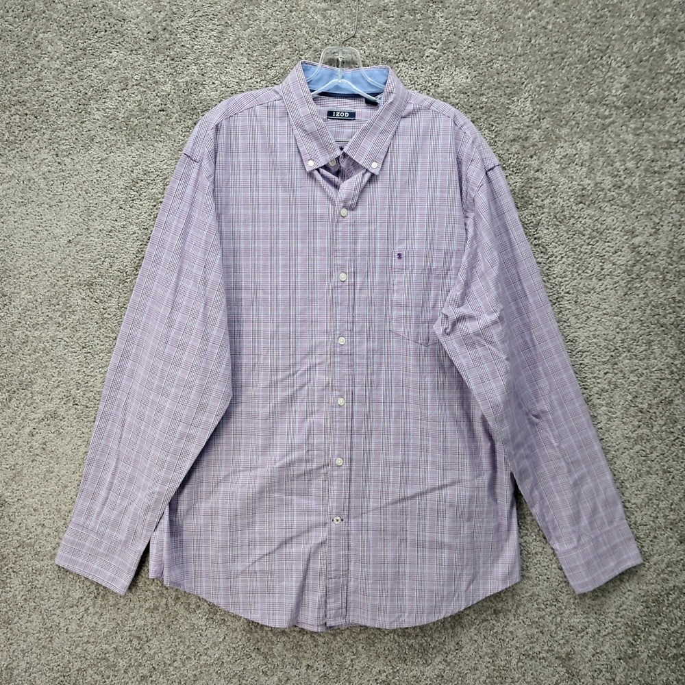 IZOD Mens Purple Blue Plaid Button Down Shirt XL Long Sleeve Stretch Cotton 8186
